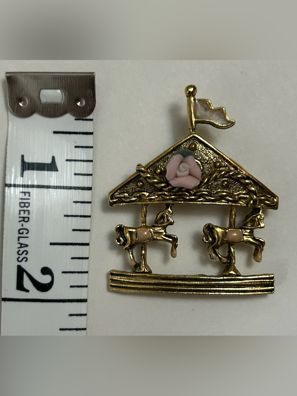Vintage Gold Carousel Horse Brooch with Pink Flower Accent - Picture 3 of 3